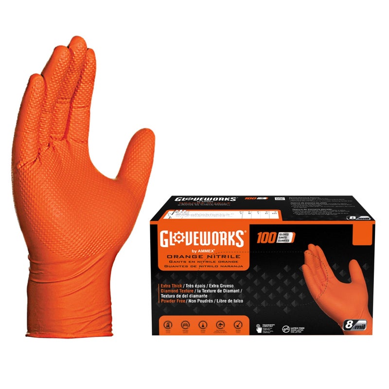 GLOVEWORKS Orange Nitrile Work Gloves 8 Mil Disposable Heavy Duty Raised Diamond Grip, Mechanic Glove, Medium, Box of 100 - Image 1
